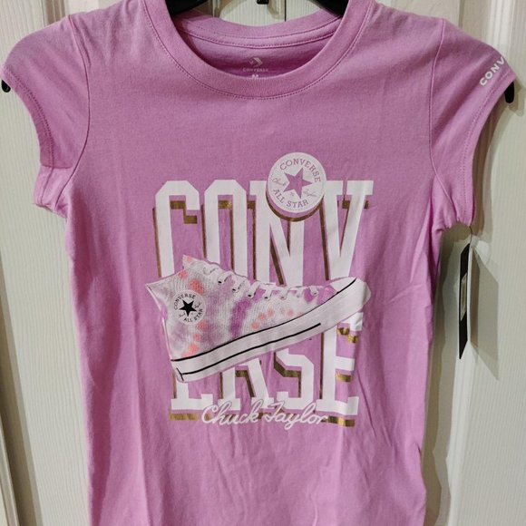 Converse Girl's Youth Pink Chuck Taylor Short Sleeve TShirt NWT Medium - Picture 1 of 4